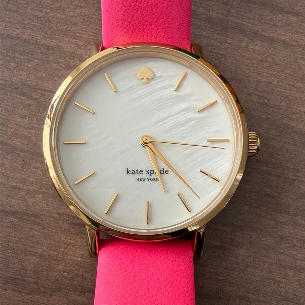 kate spade Pink Leather Strap Gold-Tone Case Mother-of-Pearl Dial Watch